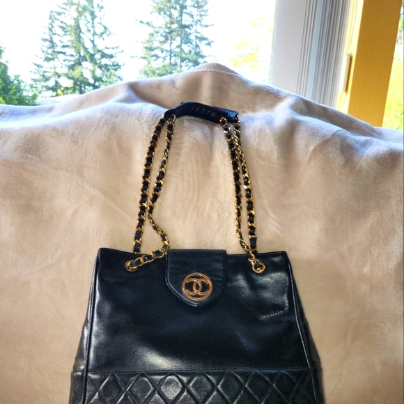 Chanel Black and Gold Quilted Shoulder Bag with A 24k Gold Plated Chain Strap